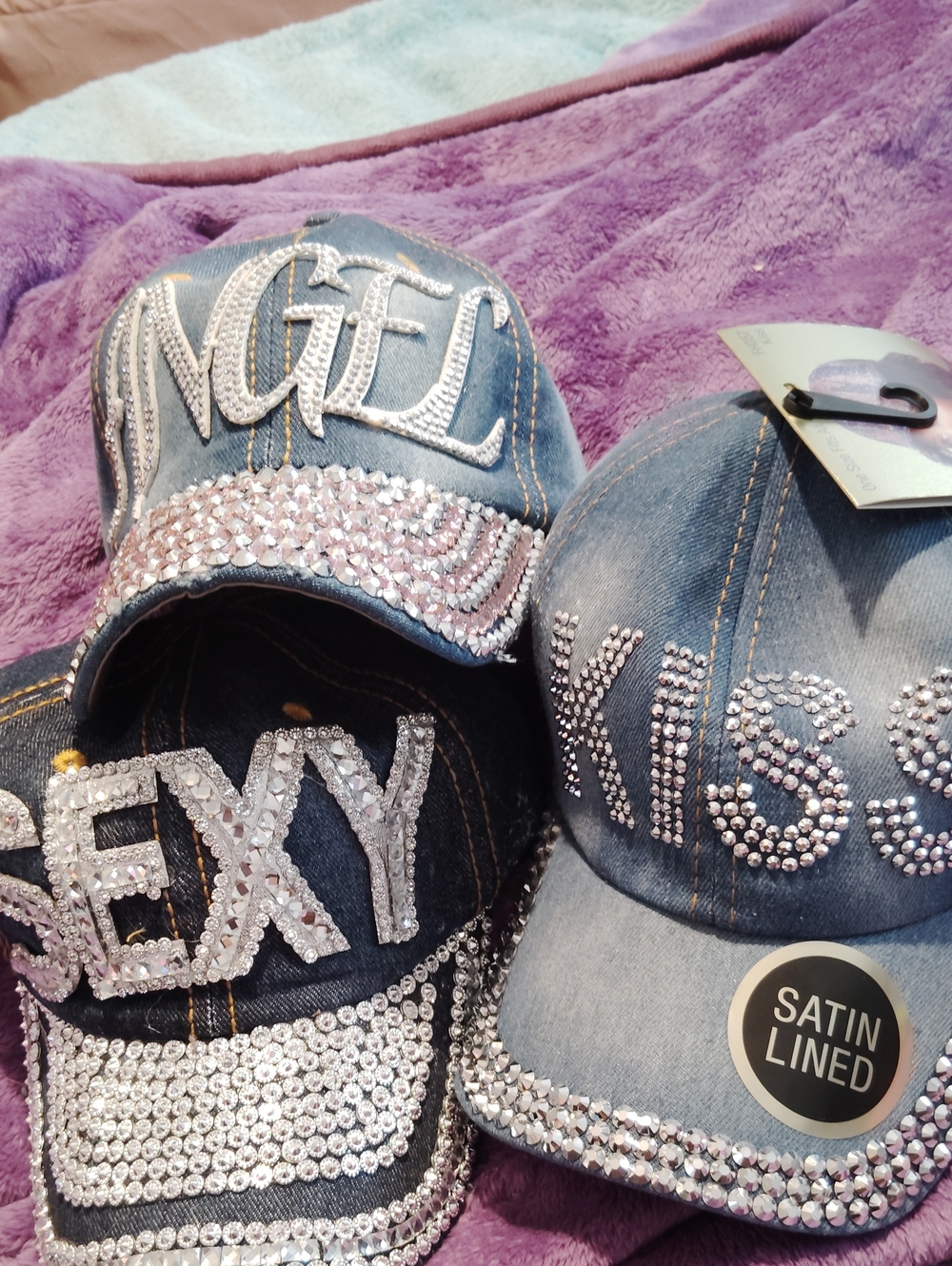 Angel,Kiss & Angel, Denim Rhinestone Embellished Baseball Caps - Silver Accent